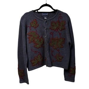 Vintage Eagle’s Eye Navy Green Red Leaf Embroidered Cardigan Womens Large
